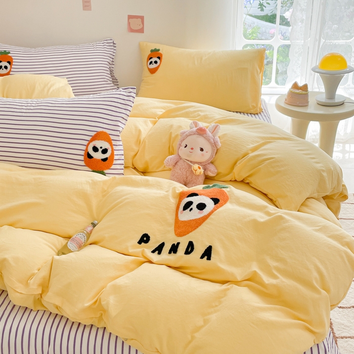 91家纺网 家纺一手货源 找家纺 葡萄家纺 2024款水果熊猫系列云朵水洗棉毛巾绣四件套第二批（提供买家秀） 香芋芝士-黄