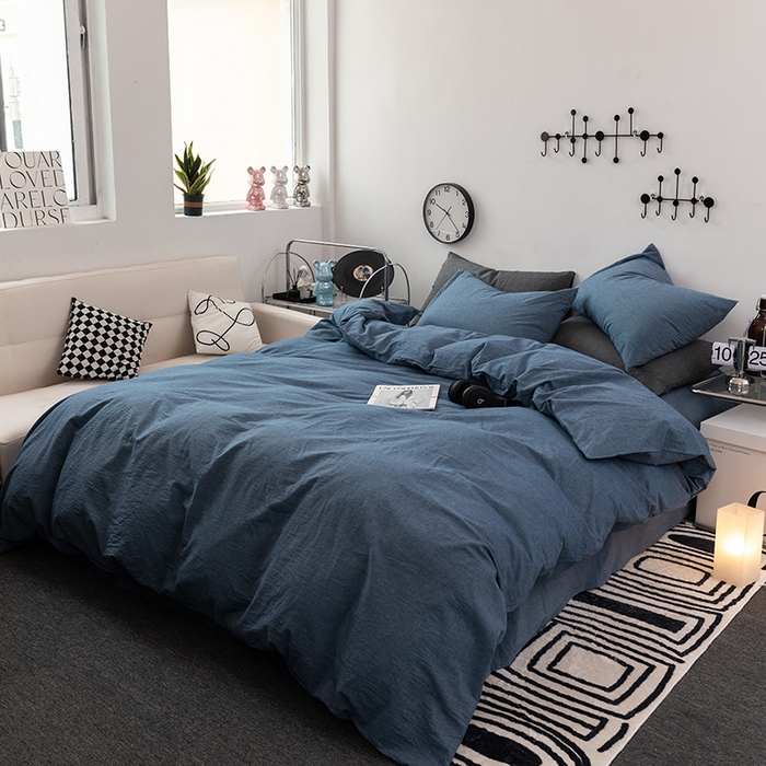 91家纺网 家纺一手货源 找家纺 羋多（原穆琪） 2024新款A类全棉色织水洗棉纯色四件套 素蓝