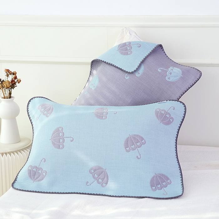 91家纺网 家纺一手货源 找家纺 朴尔家纺-毛巾被 2024新款柔绵绵风贝壳针复合工艺六层纱布枕巾 晨雨-蓝枕巾