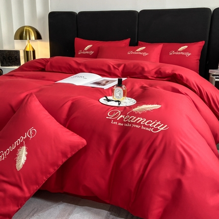 91家纺网 家纺一手货源 找家纺 如一 2024新款水洗棉磨毛纯色刺绣羽毛系列四件套 羽毛-中国红