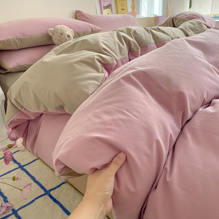 91家纺网 家纺一手货源 找家纺 雅居纺家纺 2024新款全棉素色水洗棉四件套 绅士红卡其