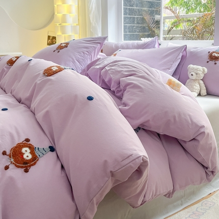 寐居家纺 2024新款全棉水洗棉毛巾绣色织四件套 魔法豆-紫