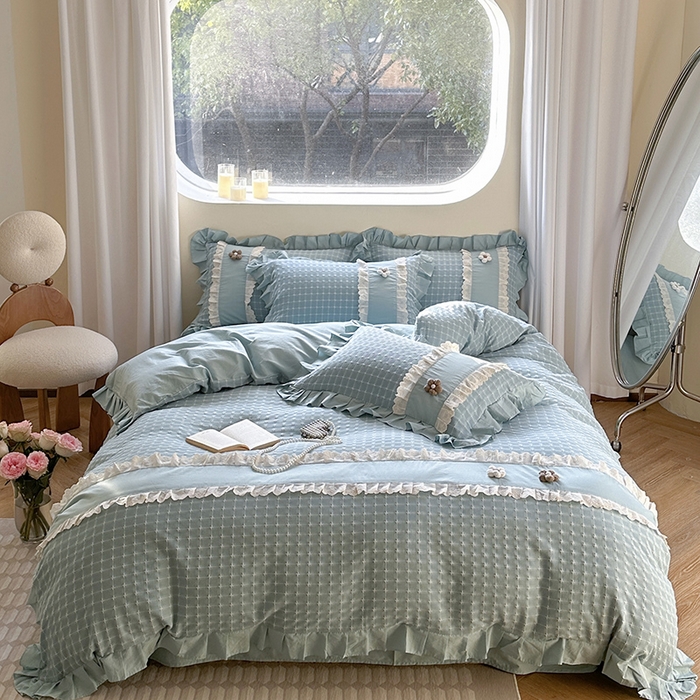 91家纺网 家纺一手货源 找家纺 蜜柚2024春夏新款全棉水洗棉韩系ins公主风花边四件套 芙贝拉-云朵蓝