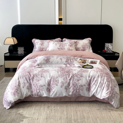 91家纺网 家纺一手货源 找家纺 金牛座 2025新款数码印花轻奢细斜纹丝质垂感四件套 意境-浅豆沙