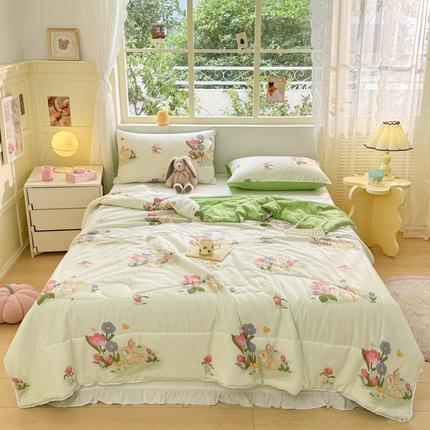 寐居家纺 2024新款水洗棉小花边夏被 花园兔兔