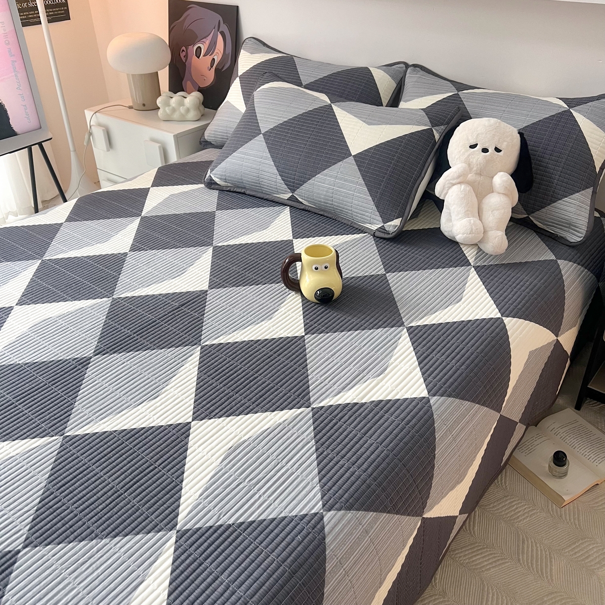 91家纺网 家纺一手货源 找家纺 HL原创 2024新款全棉印花床盖 绅士格