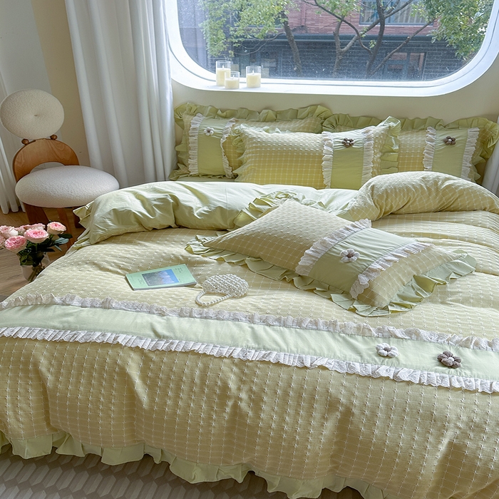 91家纺网 家纺一手货源 找家纺 蜜柚2024春夏新款全棉水洗棉韩系ins公主风花边四件套 芙贝拉-抹茶绿