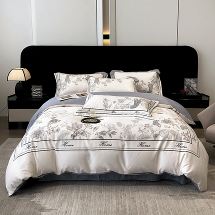 91家纺网 家纺一手货源 找家纺 金牛座 2025新款数码印花轻奢细斜纹丝质垂感四件套 原野-奶白