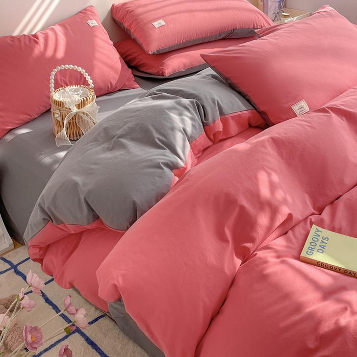 91家纺网 家纺一手货源 找家纺 雅居纺家纺 2024新款全棉素色水洗棉四件套 珊瑚红绅士灰