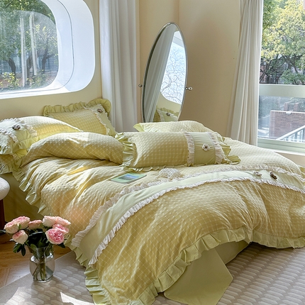 蜜柚2024春夏新款全棉水洗棉韩系ins公主风花边四件套 芙贝拉-抹茶绿