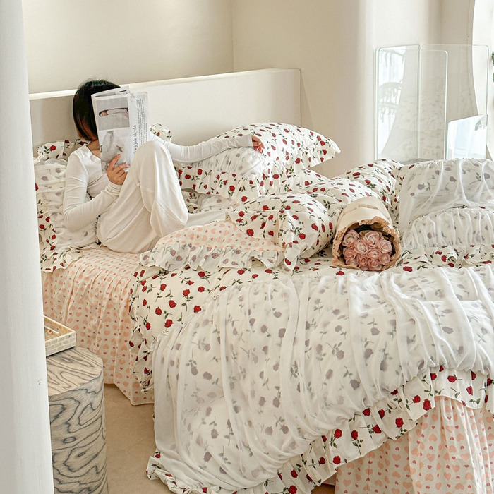 91家纺网 家纺一手货源 找家纺 （总）亲亲公主 2025新款全棉花边蕾丝公主风四件套-玫瑰恋人 