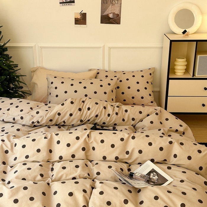 91家纺网 家纺一手货源 找家纺 昔可家纺 2024新款复古波点系列四件套 奶茶波点