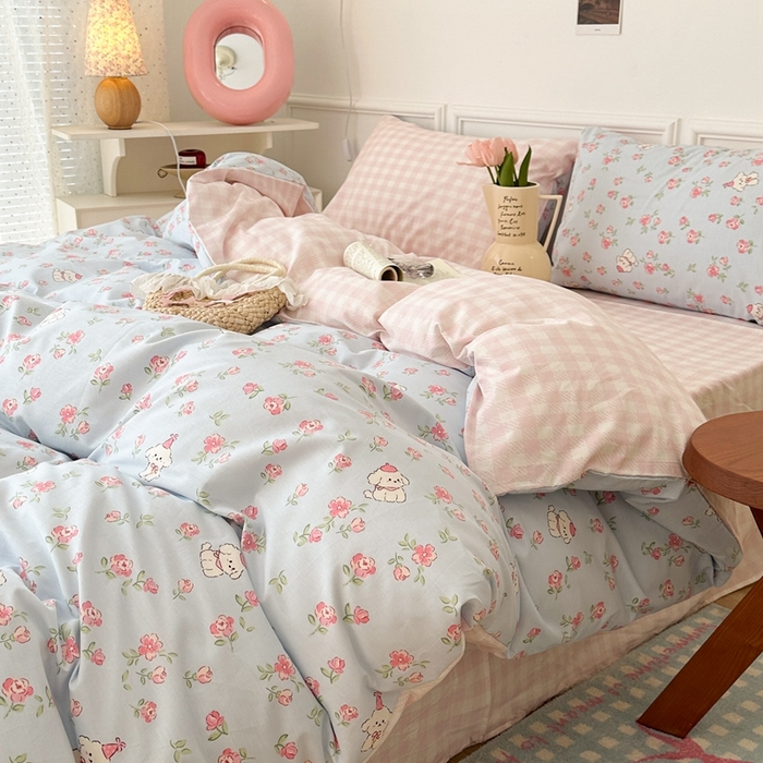 91家纺网 家纺一手货源 找家纺 昔可家纺 2024新款开春小清新花四件套 复古花狗狗