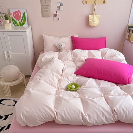 91家纺网 家纺一手货源 找家纺 寐居家纺 2024新款INS风全棉撞色单品四件套 ins风-裸粉色