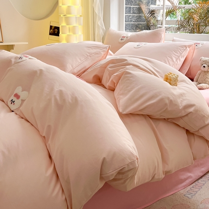 寐居家纺 2024新款全棉水洗棉毛巾绣色织四件套 爱心兔-粉玉