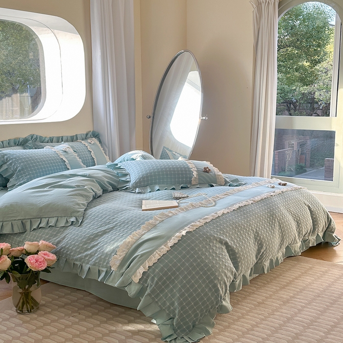 91家纺网 家纺一手货源 找家纺 蜜柚2024春夏新款全棉水洗棉韩系ins公主风花边四件套 芙贝拉-云朵蓝