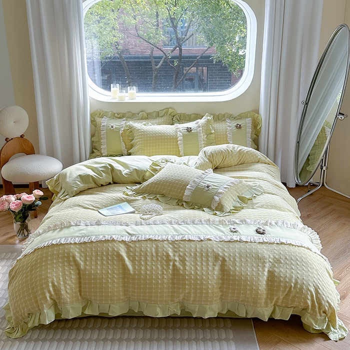 91家纺网 家纺一手货源 找家纺 蜜柚2024春夏新款全棉水洗棉韩系ins公主风花边四件套 芙贝拉-抹茶绿