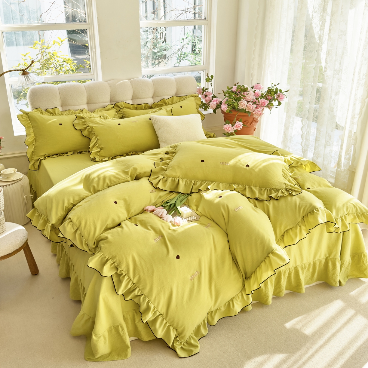 91家纺网 家纺一手货源 找家纺 梦可莱 2024新款亲肤刺绣荷叶边四件套-心灵迷恋 牛油果绿