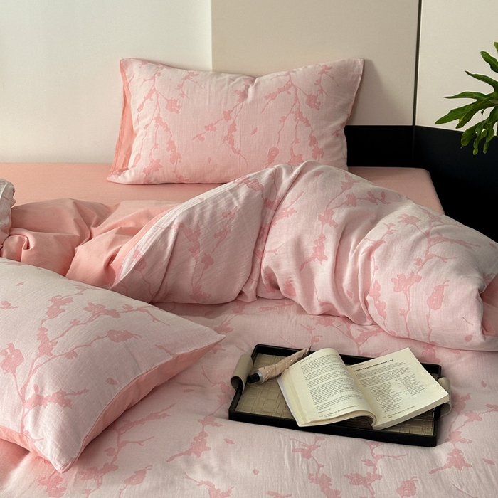 91家纺网 家纺一手货源 找家纺 雅居纺家纺 2024新款全棉双层纱色织提花四件套 初春-粉