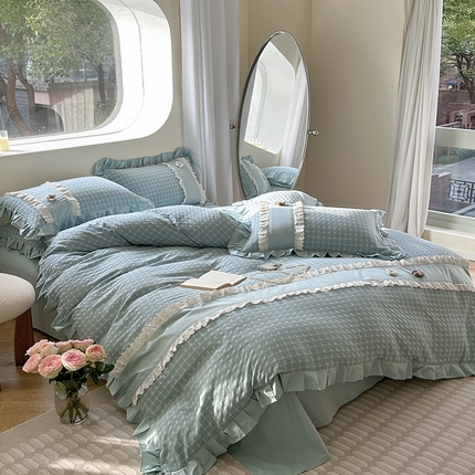 91家纺网 家纺一手货源 找家纺 蜜柚2024春夏新款全棉水洗棉韩系ins公主风花边四件套 芙贝拉-云朵蓝