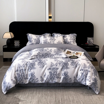 91家纺网 家纺一手货源 找家纺 金牛座 2025新款数码印花轻奢细斜纹丝质垂感四件套 意境-灰