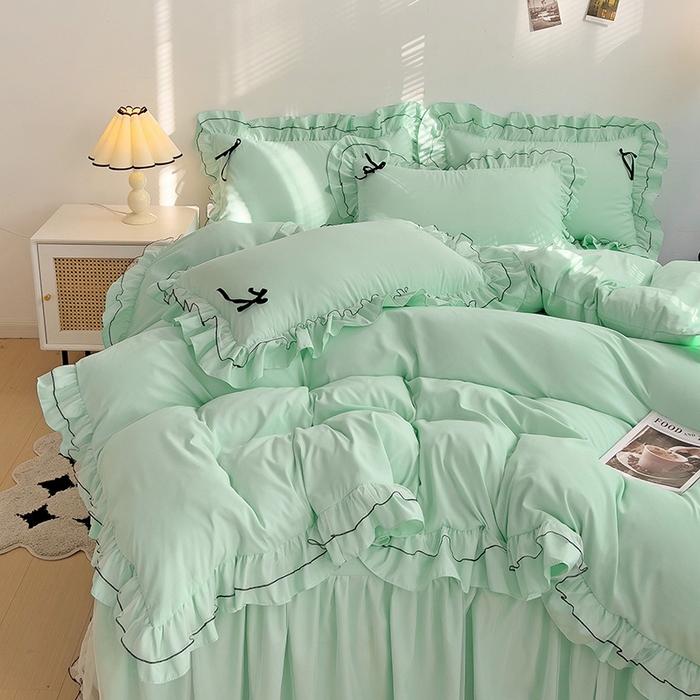 91家纺网 家纺一手货源 找家纺 言熙居 2024新款网纱花边韩版床裙款四件套 小仙女浅蓝