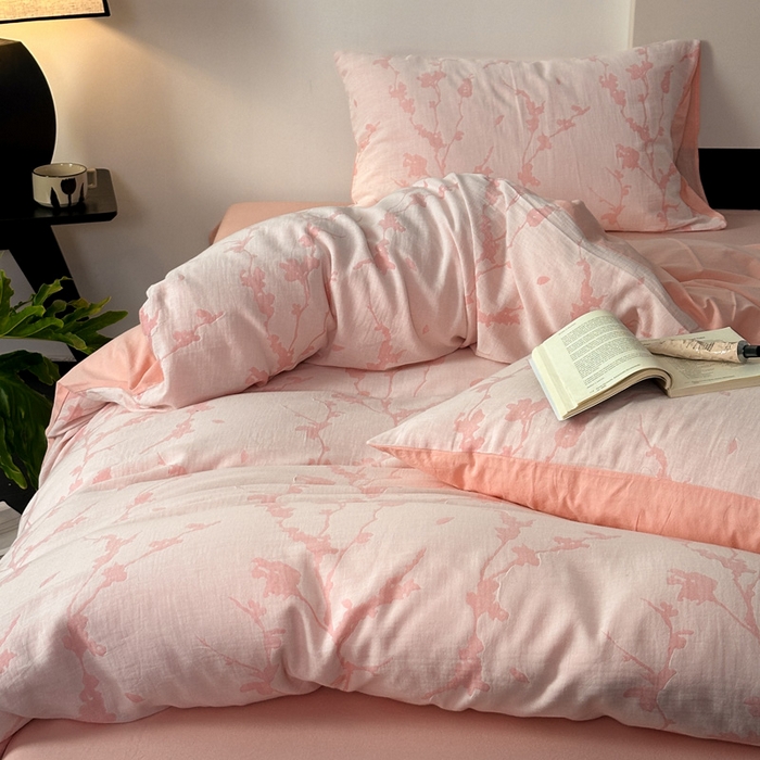 91家纺网 家纺一手货源 找家纺 雅居纺家纺 2024新款全棉双层纱色织提花四件套 初春-粉