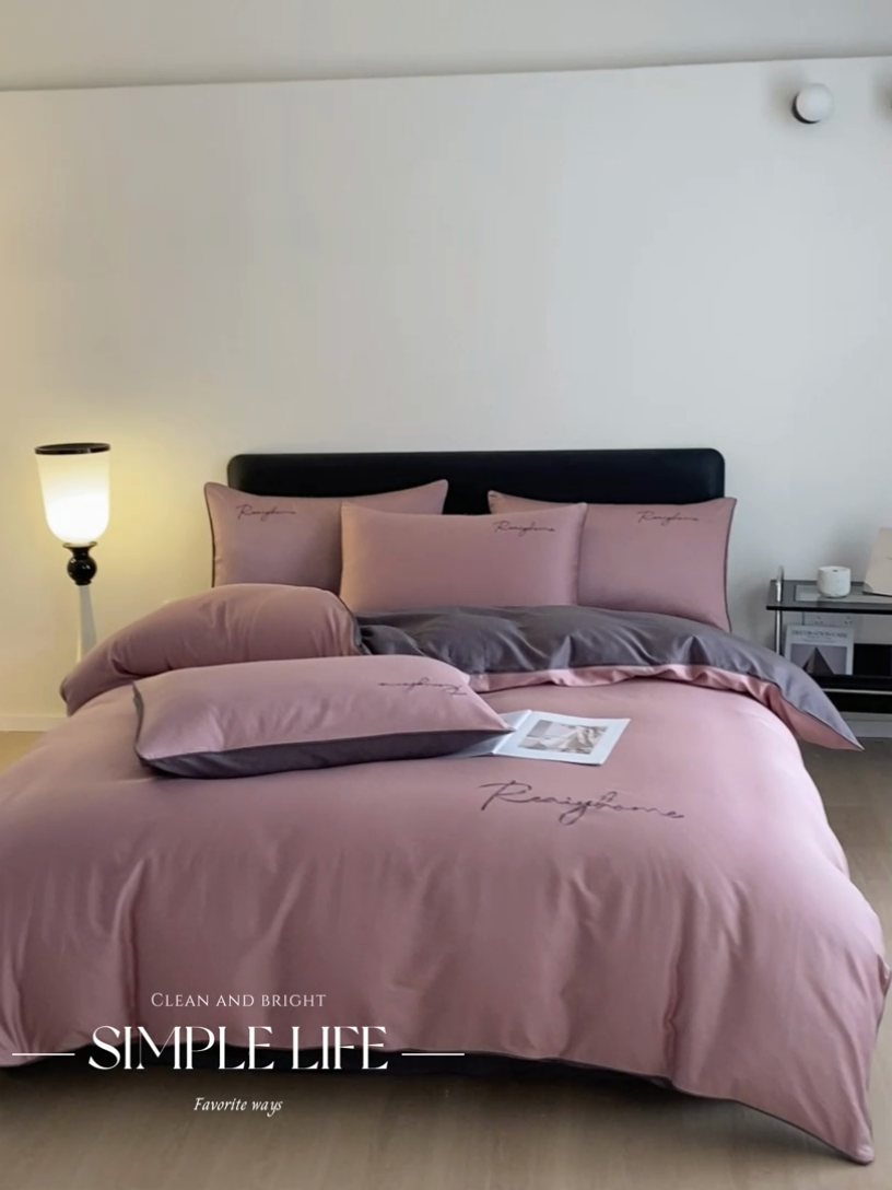 91家纺网 家纺一手货源 找家纺 慕色家纺 2024新款全棉刺绣轻奢系列单被套 轻奢-豆沙+深灰