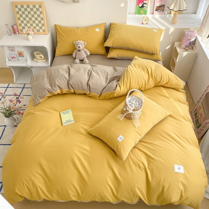 91家纺网 家纺一手货源 找家纺 雅居纺家纺 2024新款全棉素色水洗棉四件套 绅士黄卡其