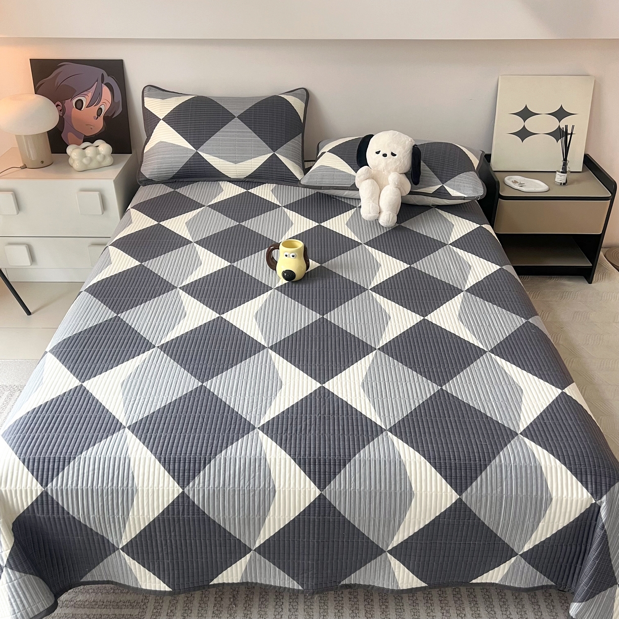 91家纺网 家纺一手货源 找家纺 HL原创 2024新款全棉印花床盖 绅士格