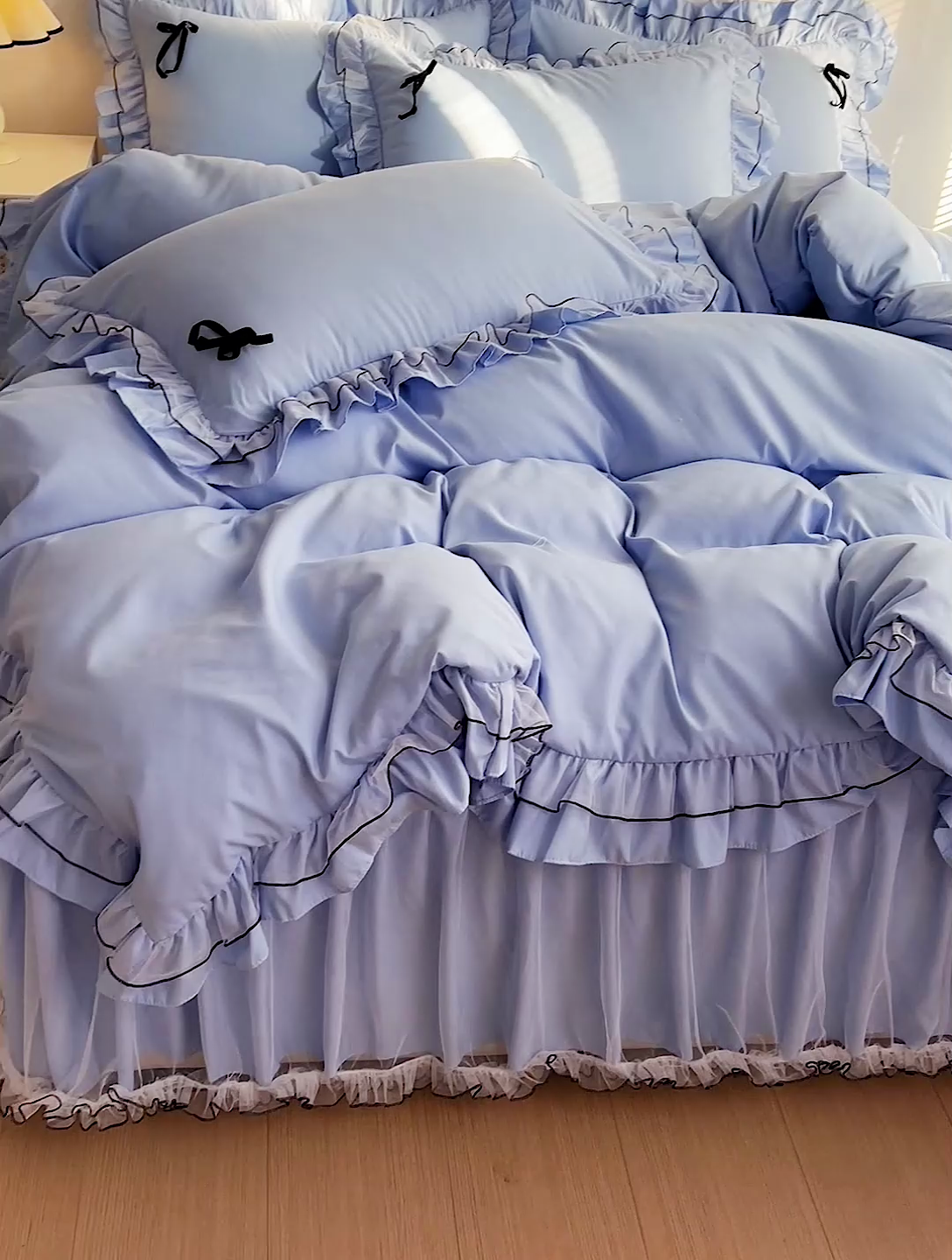 91家纺网 家纺一手货源 找家纺 言熙居 2024新款网纱花边韩版床裙款四件套 小仙女蓝