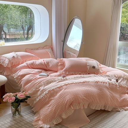 91家纺网 家纺一手货源 找家纺 蜜柚2024春夏新款全棉水洗棉韩系ins公主风花边四件套 芙贝拉-浅粉