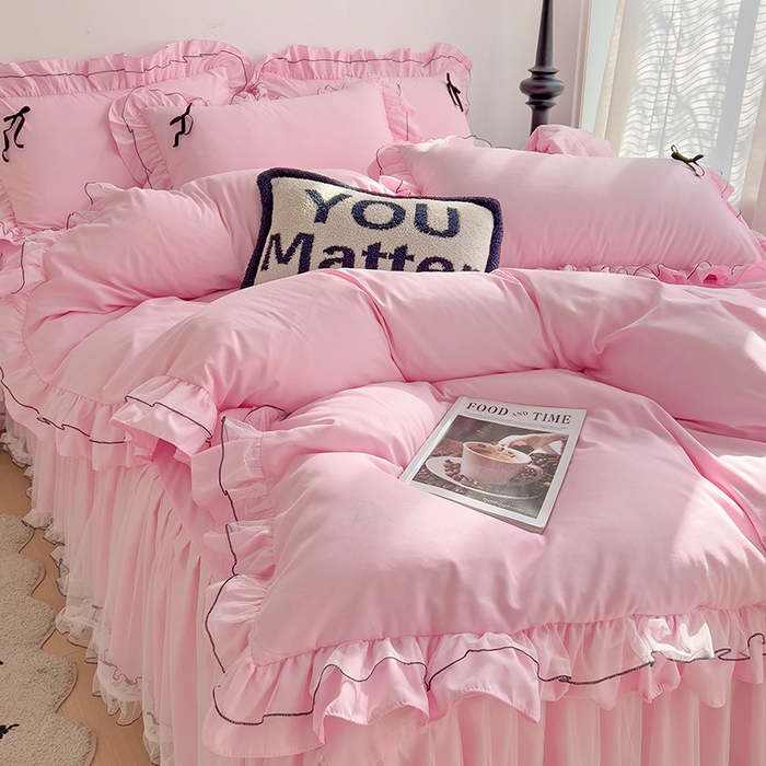 91家纺网 家纺一手货源 找家纺 言熙居 2024新款网纱花边韩版床裙款四件套 小仙女粉