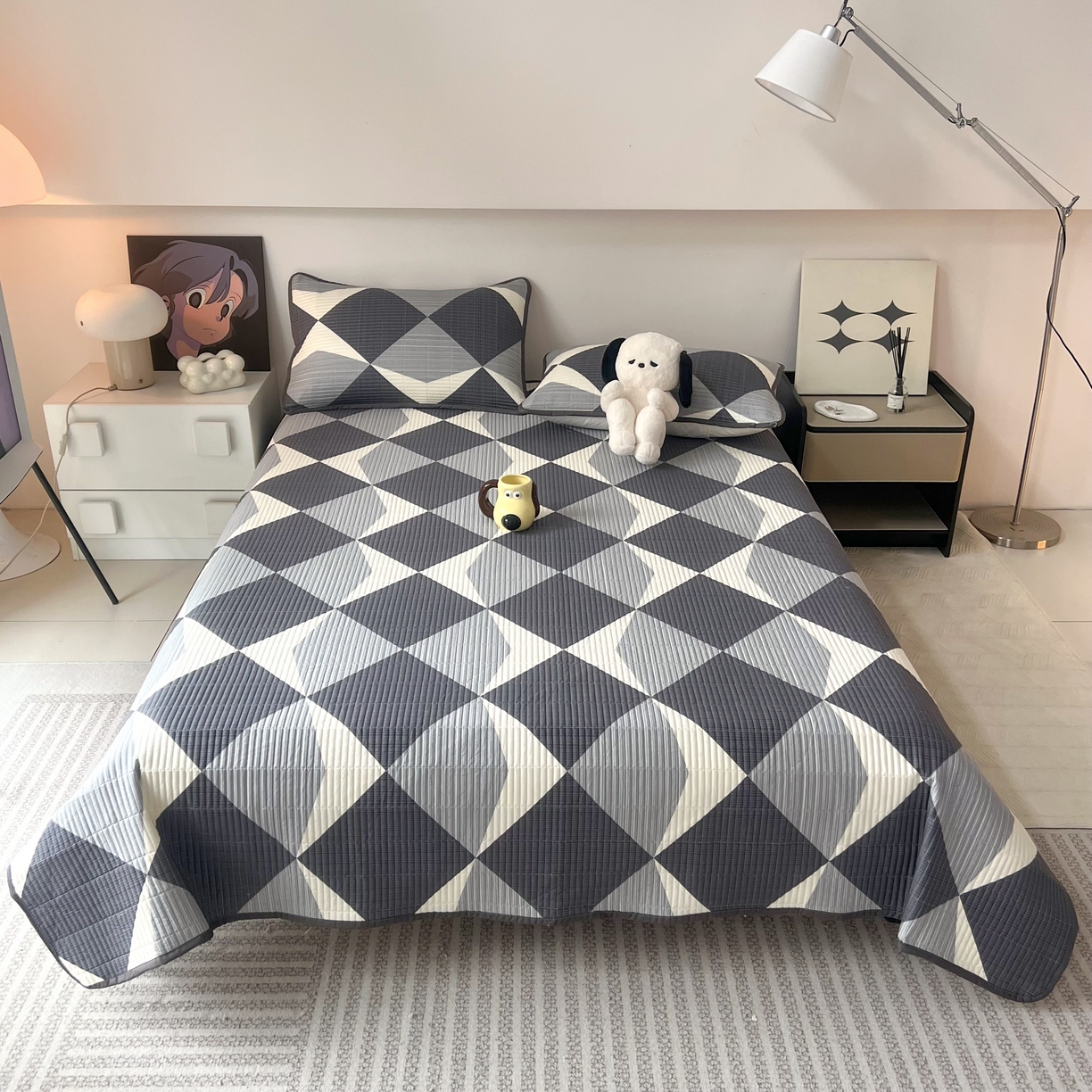 91家纺网 家纺一手货源 找家纺 HL原创 2024新款全棉印花床盖 绅士格