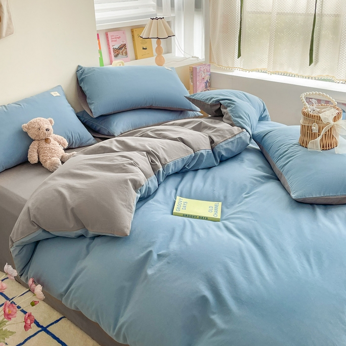 91家纺网 家纺一手货源 找家纺 雅居纺家纺 2024新款全棉素色水洗棉四件套 清雅蓝绅士灰