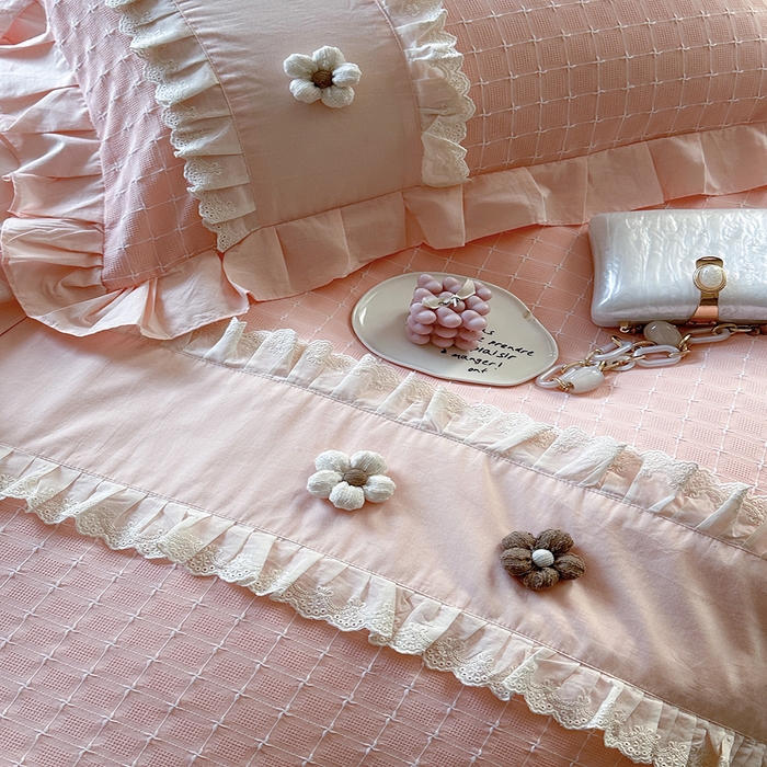 91家纺网 家纺一手货源 找家纺 蜜柚2024春夏新款全棉水洗棉韩系ins公主风花边四件套 芙贝拉-浅粉