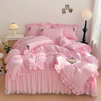 91家纺网 家纺一手货源 找家纺 言熙居 2024新款网纱花边韩版床裙款四件套 小仙女粉