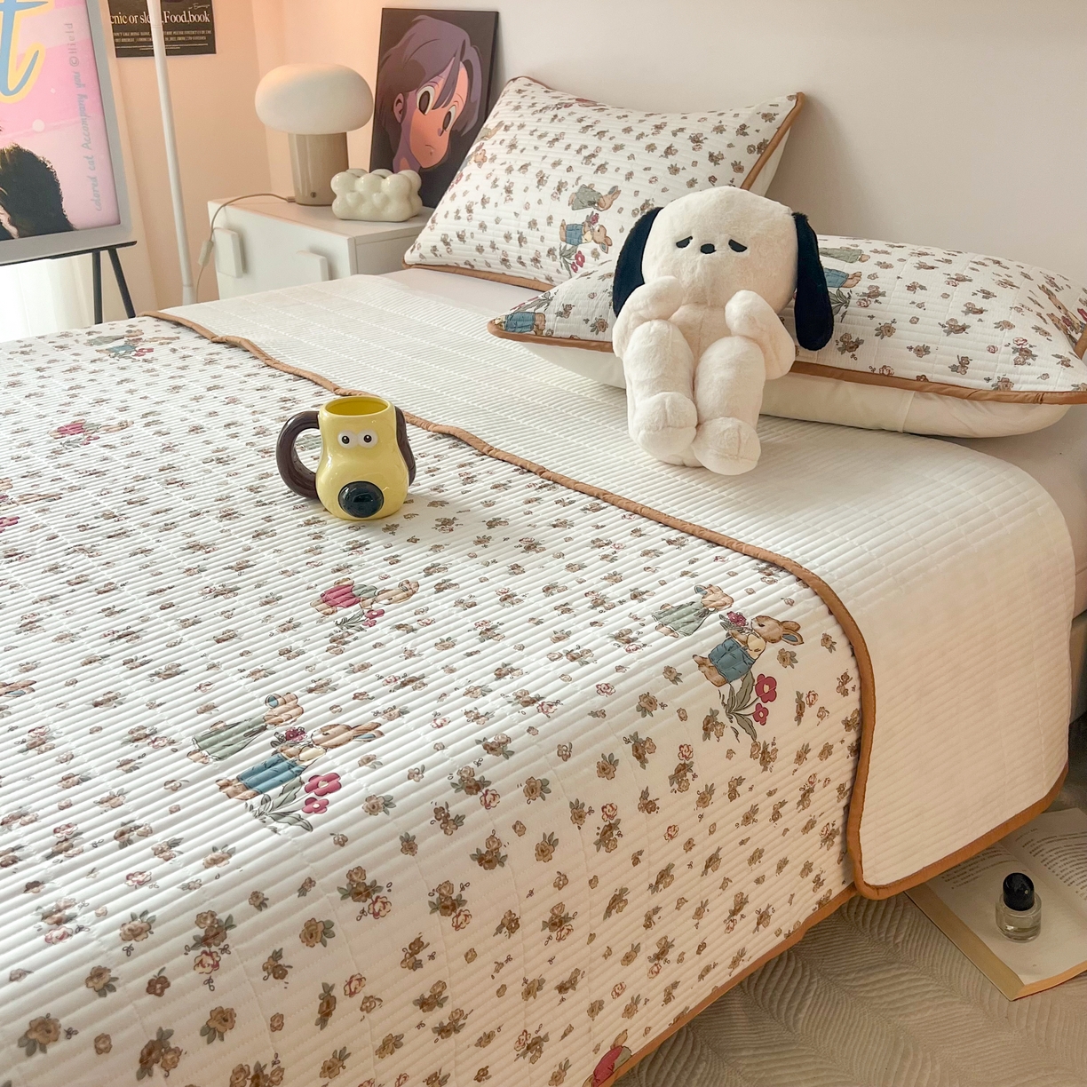 91家纺网 家纺一手货源 找家纺 HL原创 2024新款全棉印花床盖 咖色兔