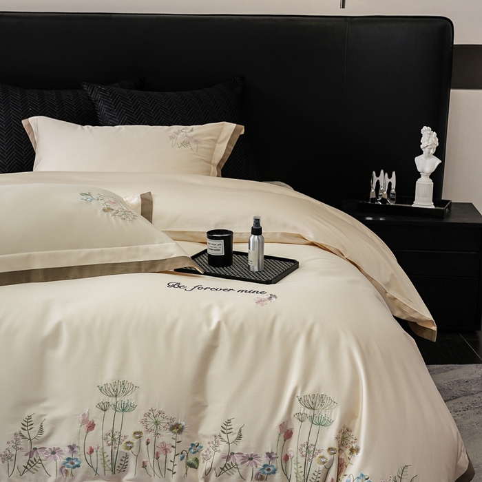 91家纺网 家纺一手货源 找家纺 （总）云胡 2024新款50s双股长绒棉宽边刺绣四件套-小花园