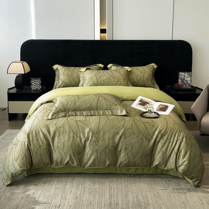 91家纺网 家纺一手货源 找家纺 金牛座 2025新款数码印花轻奢细斜纹丝质垂感四件套 叶韵-绿