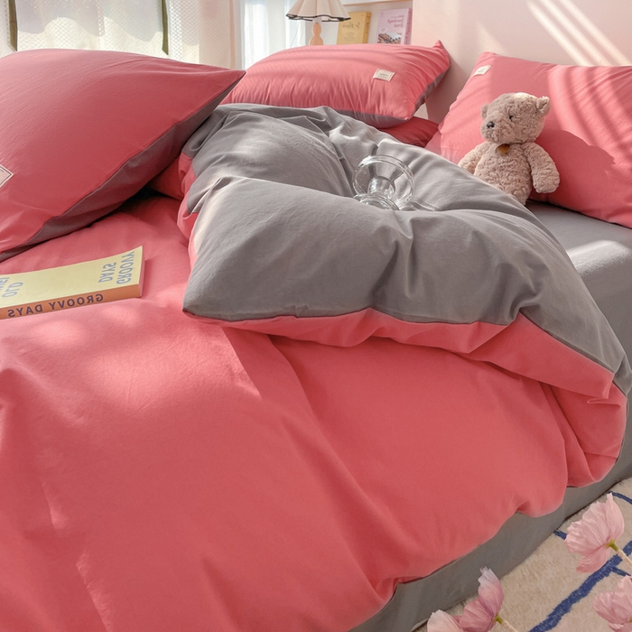 91家纺网 家纺一手货源 找家纺 雅居纺家纺 2024新款全棉素色水洗棉四件套 珊瑚红绅士灰