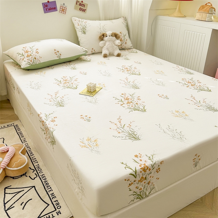 91家纺网 家纺一手货源 找家纺 古吉梦 2024新款水洗棉小清新印花床笠 仙草