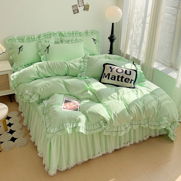 91家纺网 家纺一手货源 找家纺 言熙居 2024新款网纱花边韩版床裙款四件套 小仙女绿