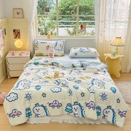 寐居家纺 2024新款水洗棉小花边夏被 恐龙乐园