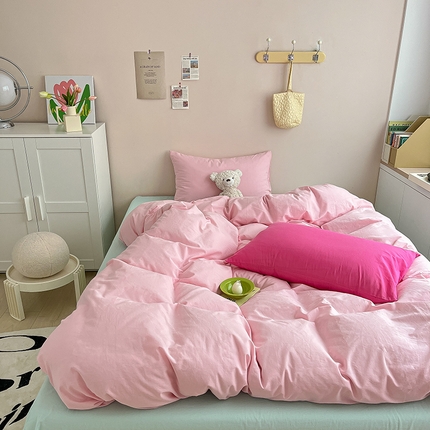 91家纺网 家纺一手货源 找家纺 寐居家纺 2024新款INS风全棉撞色单品四件套 ins风-樱花粉