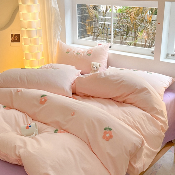 91家纺网 家纺一手货源 找家纺 寐居家纺 2024新款全棉水洗棉毛巾绣色织四件套 花儿朵朵-粉玉