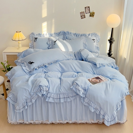 言熙居 2024新款网纱花边韩版床裙款四件套 小仙女蓝