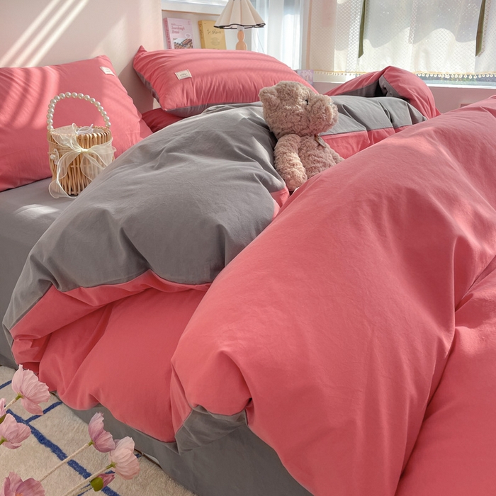 91家纺网 家纺一手货源 找家纺 雅居纺家纺 2024新款全棉素色水洗棉四件套 珊瑚红绅士灰