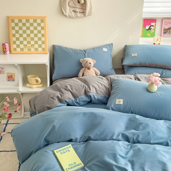 91家纺网 家纺一手货源 找家纺 雅居纺家纺 2024新款全棉素色水洗棉四件套 清雅蓝绅士灰