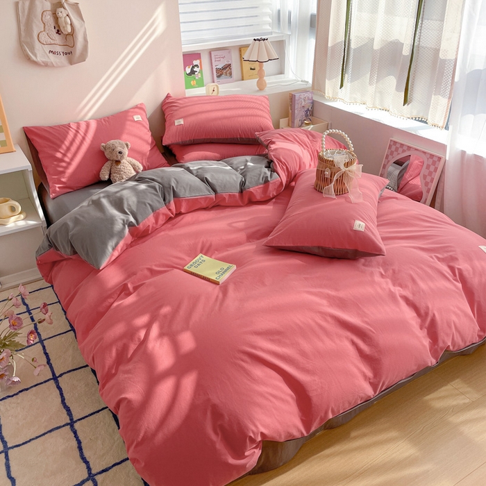 91家纺网 家纺一手货源 找家纺 雅居纺家纺 2024新款全棉素色水洗棉四件套 珊瑚红绅士灰